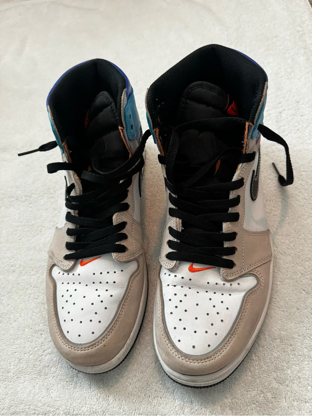 Jordan High-Top Sneakers in White, Gray, Black with Orange Accent